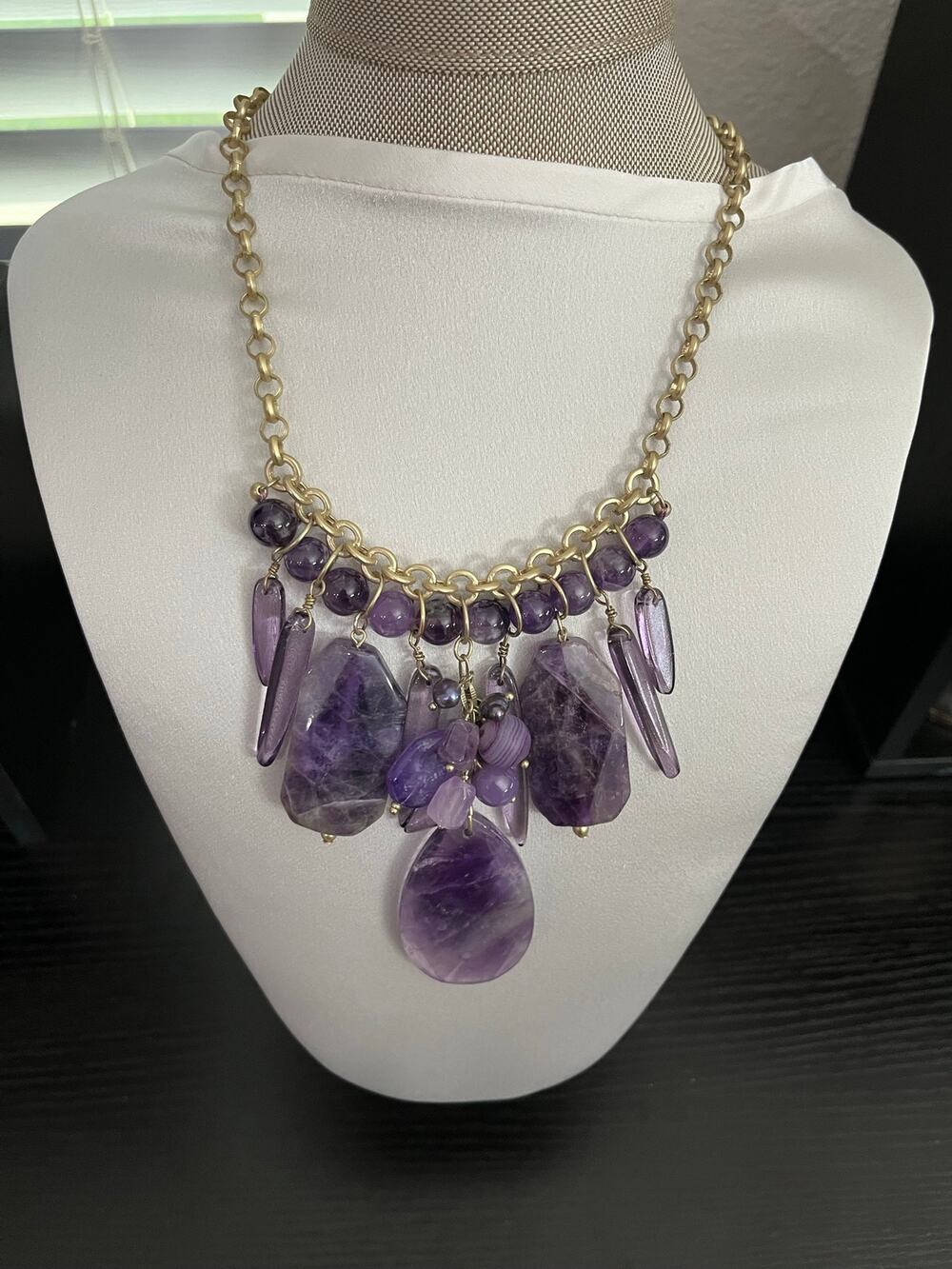 Chico's Genuine Purple Amethyst Chunk Slab Gold Tone Bib Statement Necklace